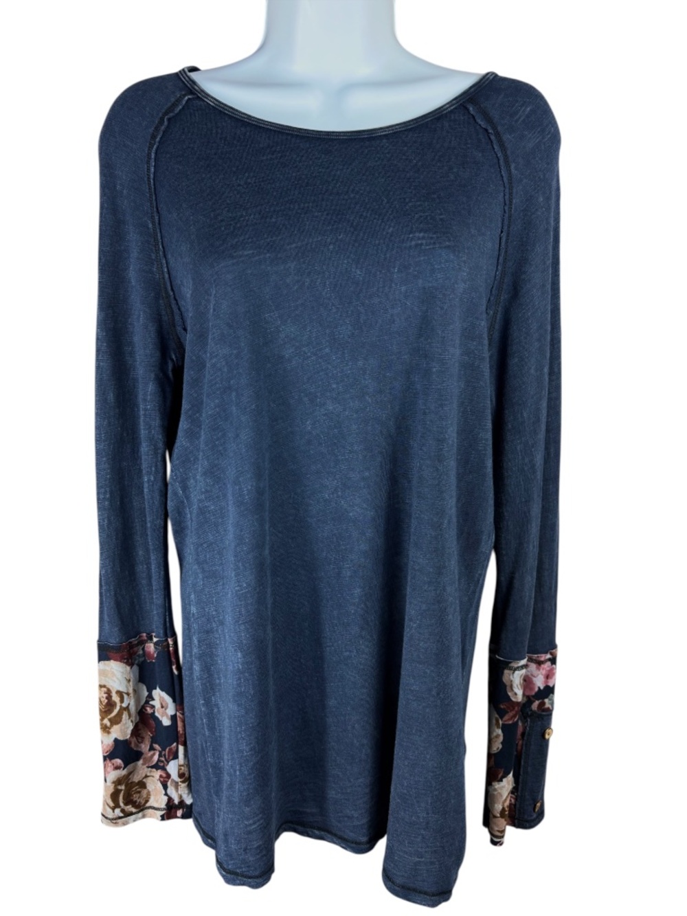 Able Indigo Blue Floral Cuff Tunic Top Cotton Modal Made in USA Women's Size M